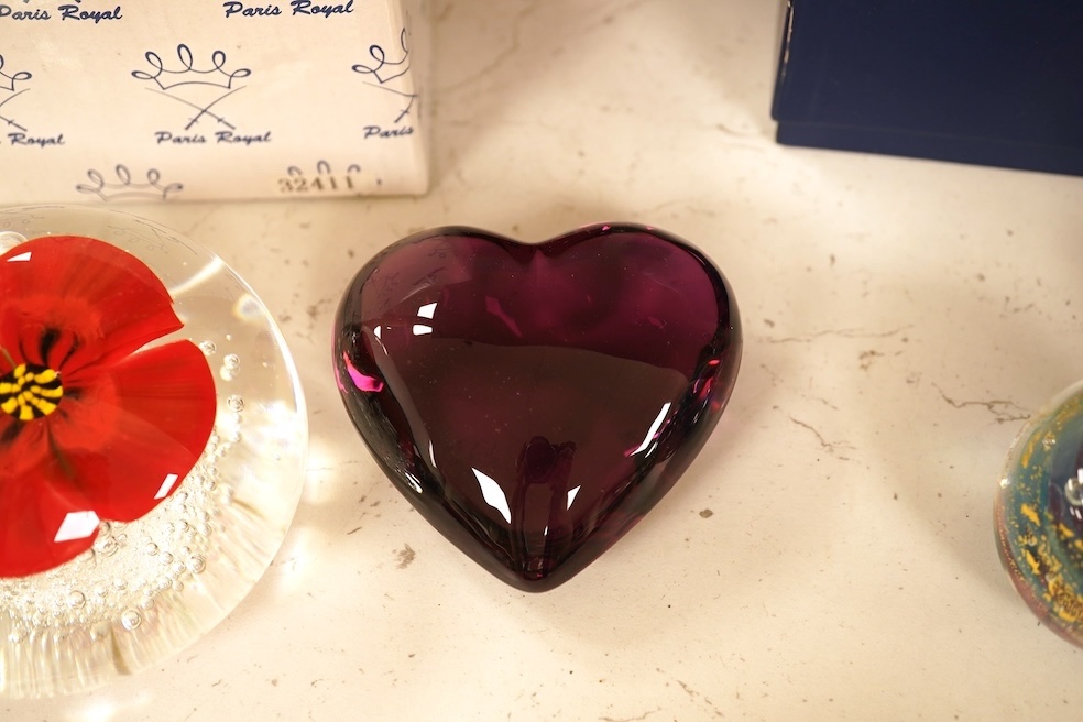 Seventeen various paperweights, including Lalique and a signed Murano example, some boxed, largest 10cm high